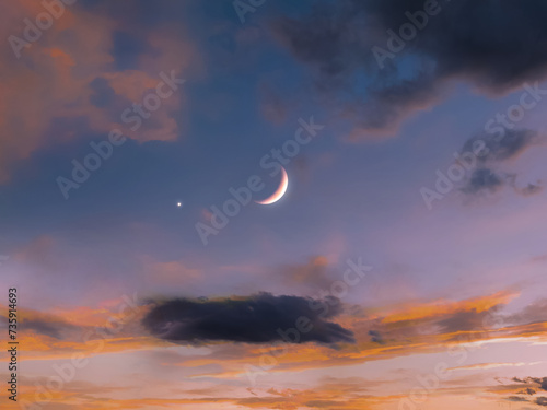 New moon in the sky near Venus at sunset. Venus next to the Moon. Beautiful celestial landscape.