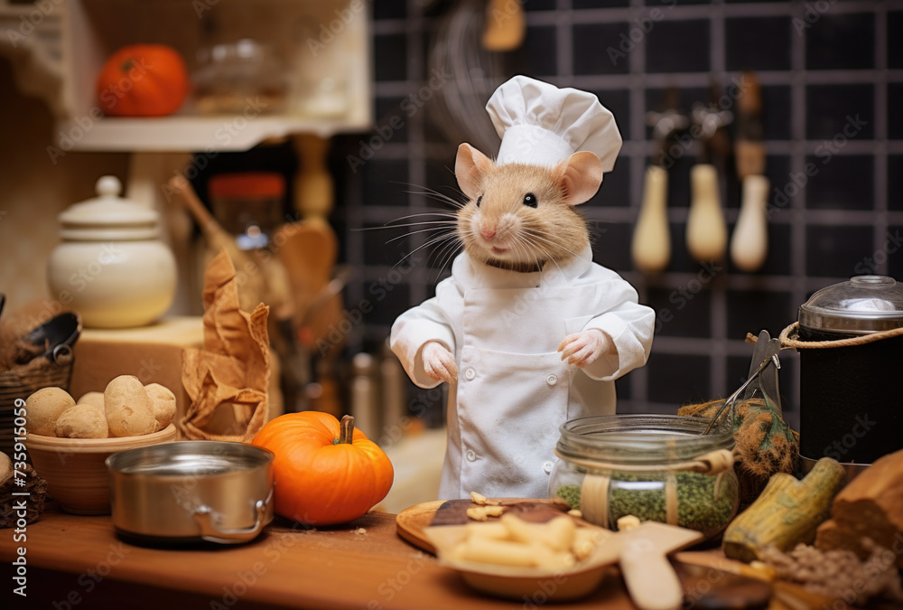 A cute rat in a chef's hat cooks food in a pot. Home pet.