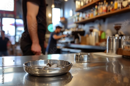 stainless steel ashtray on bar counter with barista in background © primopiano