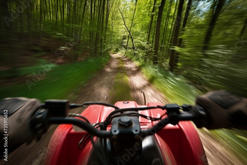 perspectival shot of an atv speeding down a forest path