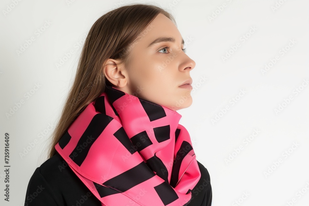 woman with pink and black block patterned scarf, white background woman with pink and black block patterned scarf, white background
