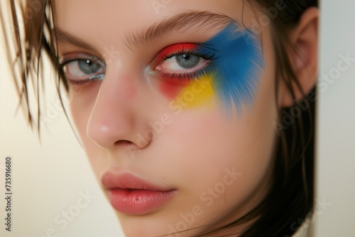 model with block colored eyeshadow: blue, yellow, red on eyes