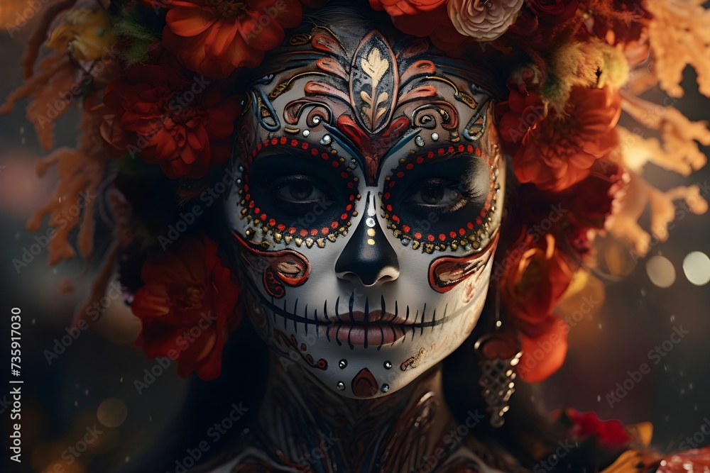 Dia de los muertos, Mexican holiday of the dead and halloween. Woman with sugar skull make up and flowers. Orange and black theme