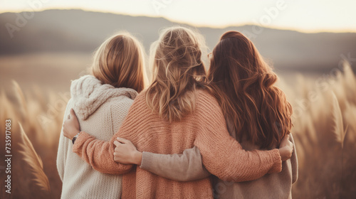 Women hugging each other back view. Women's day 8 of march. Three women together back view