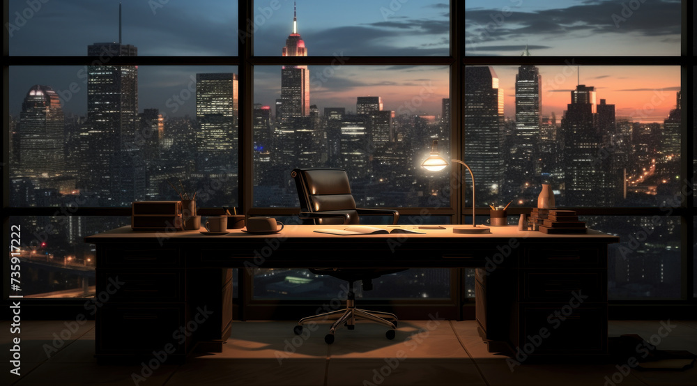 Empty office contemporary interior office with city skyline and buildings city from glass window.