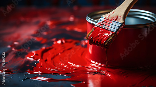 Close-up brush with red color lying on paint can. photo
