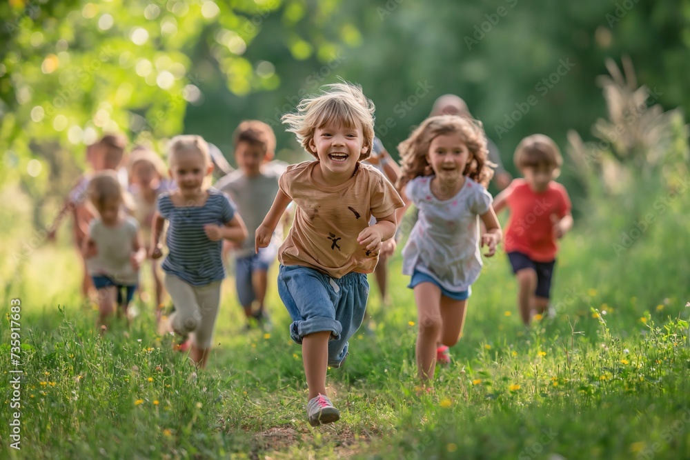 A lively group of children enjoys running and playing in a wide open field.