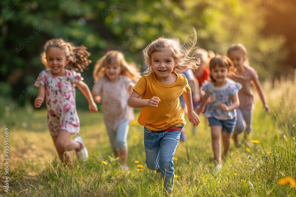 Fototapeta premium A group of children, enrolled in a Montessori program, are joyfully running and playing in a spacious field.
