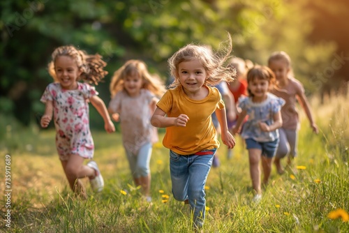 A group of children, enrolled in a Montessori program, are joyfully running and playing in a spacious field.