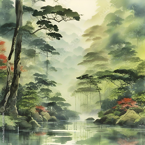 Watercolor paintings of the rainforest in the style of traditional Japanese paintings.