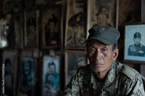 A photograph capturing a Vietnam soldier in his military uniform as he sits in front of a wall filled with pictures.
