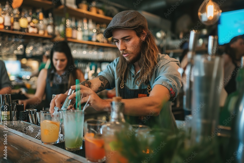 A man, a bartender, skillfully prepares a drink behind the bar counter.