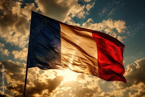 The French flag proudly flutters against the backdrop of the sky.