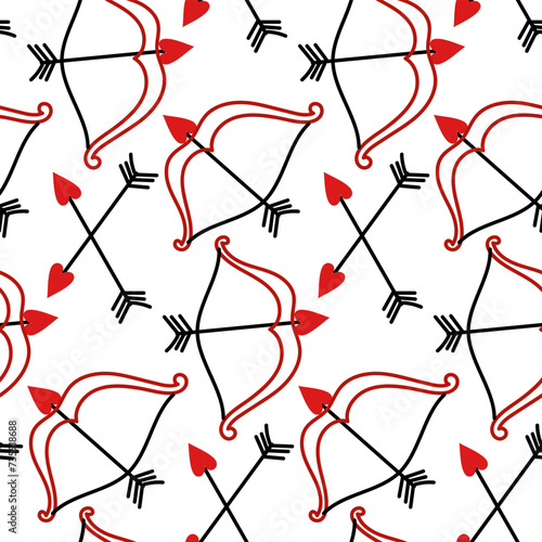 Pattern of arrows and a bow with a stretched string are made in the style of red doodles. Ornament of bow shooters with arrows in the shape of a heart. Texture for Valentine's Day bow, cupid shooting