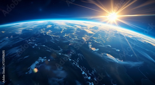Majestic View of Earth from Space Backdrop with Radiant Sunrise Background