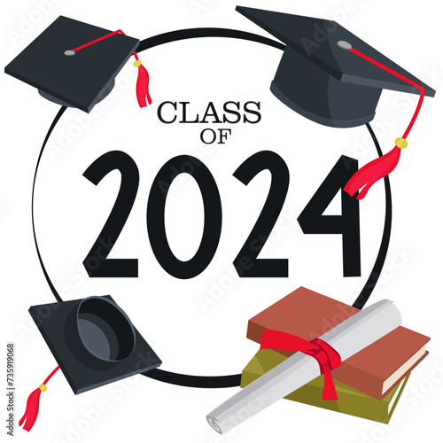 Class 2024 badge design template in black and red colors. Congratulations to graduates 2024 banner sticker postcard with academic hat, diploma for graduation from high school or college