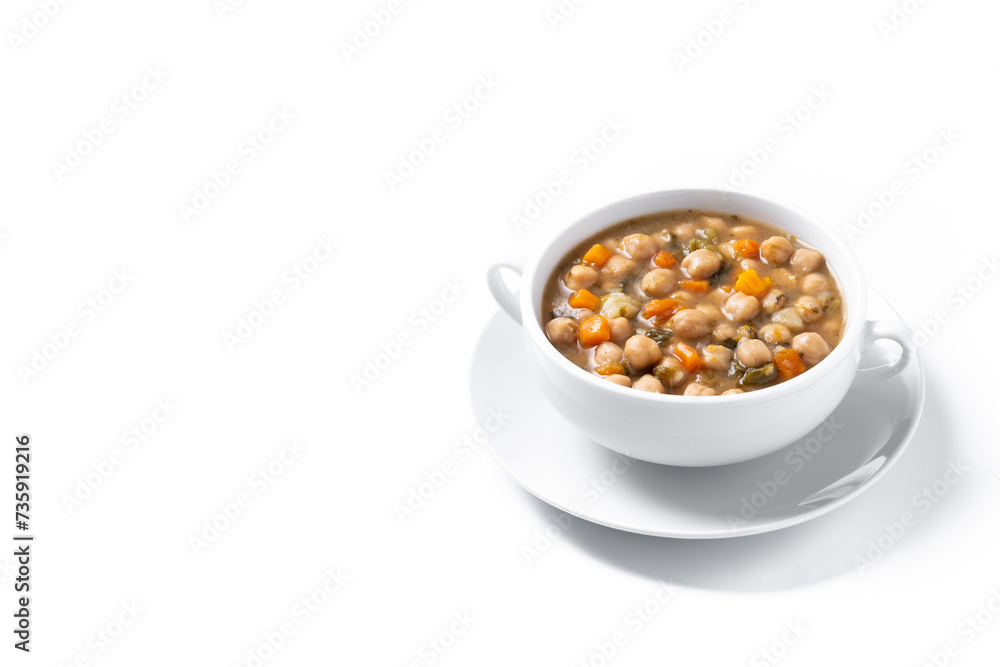 Chickpeas soup with vegetables in bowl isolated on white background. Copy space Chickpeas soup with vegetables in bowl isolated on white background. Copy space