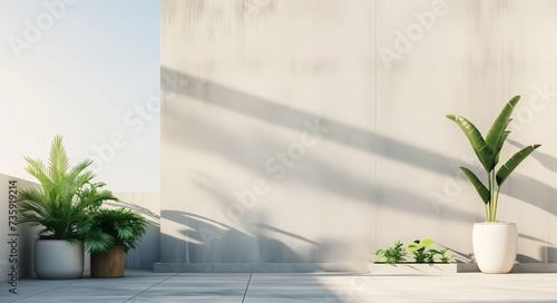 Empty large wall of balcony or roof terrace with soft sunlight and gentle shadows. Potted plants in minimal style. photo