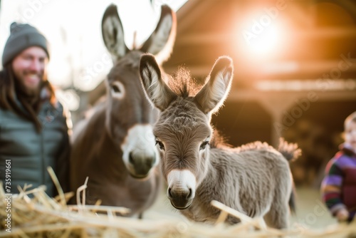 family watching newborn donkey stand for the first time photo