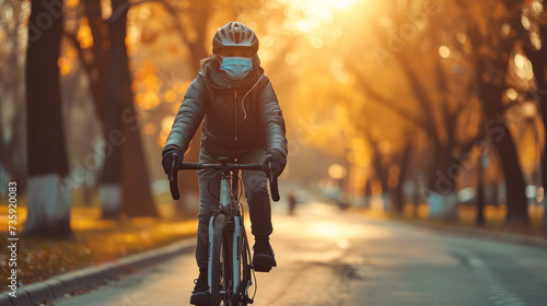 A cyclist wearing comfortable blue face mask riding through a city park, golden hour sunlight. Generative AI. photo