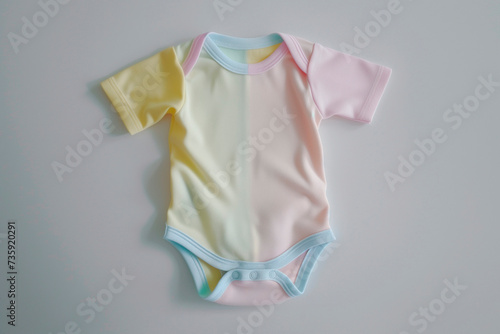 Mockup of rainbow baby bodysuit on white background. Blank baby clothes template, flat lay.