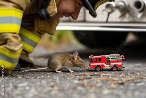 firefighter with mouse beside mini fire truck