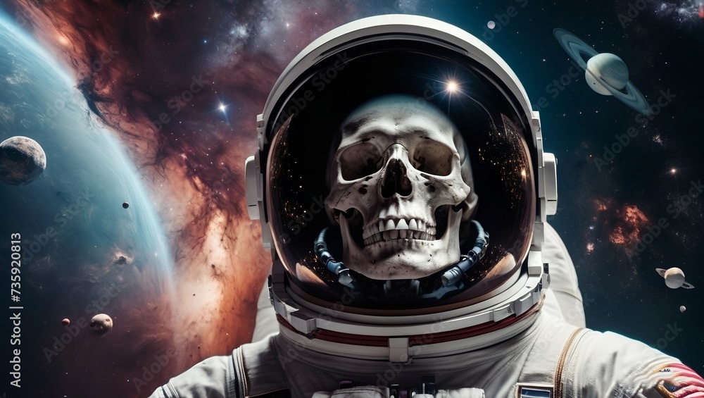 An astronaut turned into a skull floats in the cosmic ocean of galaxies and nebulae of space