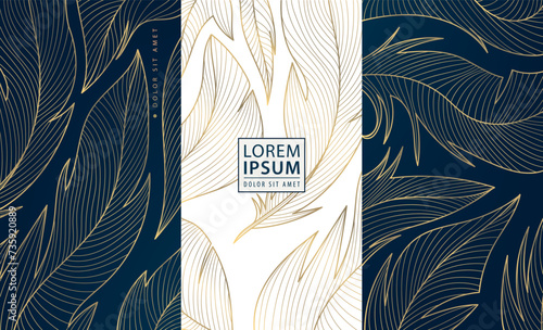 Vector feather gold backgrounds, luxury wedding invites. Elegant cards, save the date, spa, party covers.