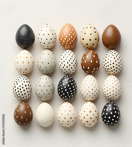 A vibrant and diverse group of painted beige white and black Easter eggs painted with dots. Top down View. Minimalistic Simple Aesthetic Design