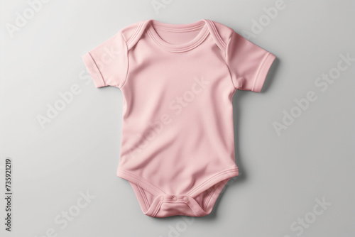 Mockup of pink baby bodysuit on white background. Blank baby clothes template, flat lay.