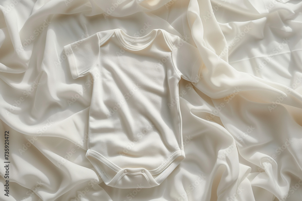 Mockup of white baby bodysuit on white cozy background. Blank baby clothes template, flat lay. Mockup of white baby bodysuit on white cozy background. Blank baby clothes template, flat lay.