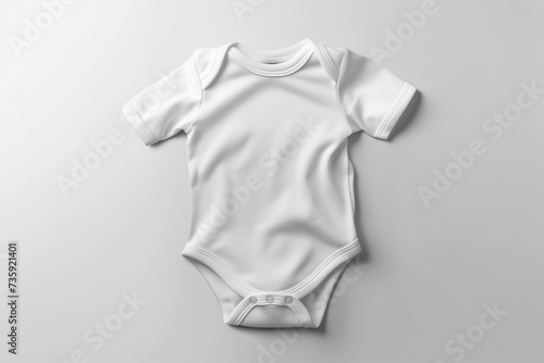 Mockup of white baby bodysuit on white cozy background. Blank baby clothes template, flat lay.
