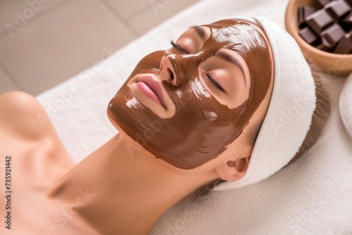 woman with chocolate face mask, lying down with a relaxed posture