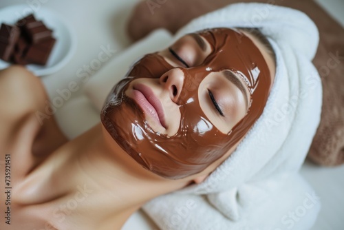 woman with chocolate face mask, lying down with a relaxed posture