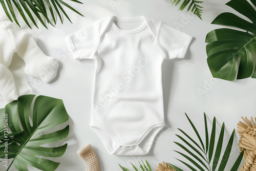 Mockup of white baby bodysuit on white background with greenery. Blank baby clothes template, flat lay. photo