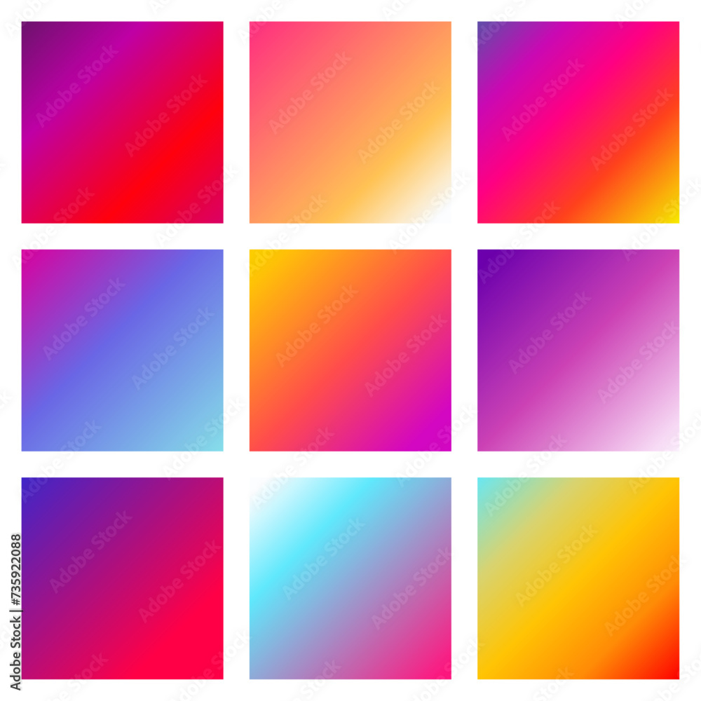Set of 9 trendy colourful vector gradient backgrounds for your social media. Beautiful bright neon wallpaper collection. Vibrant gradient templates.