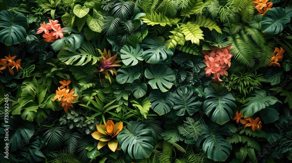 A lush, vibrant wall of assorted green leaf tropical plants, some adorned with tiny delicate flowers. Generative AI. A lush, vibrant wall of assorted green leaf tropical plants, some adorned with tiny delicate flowers. Generative AI.