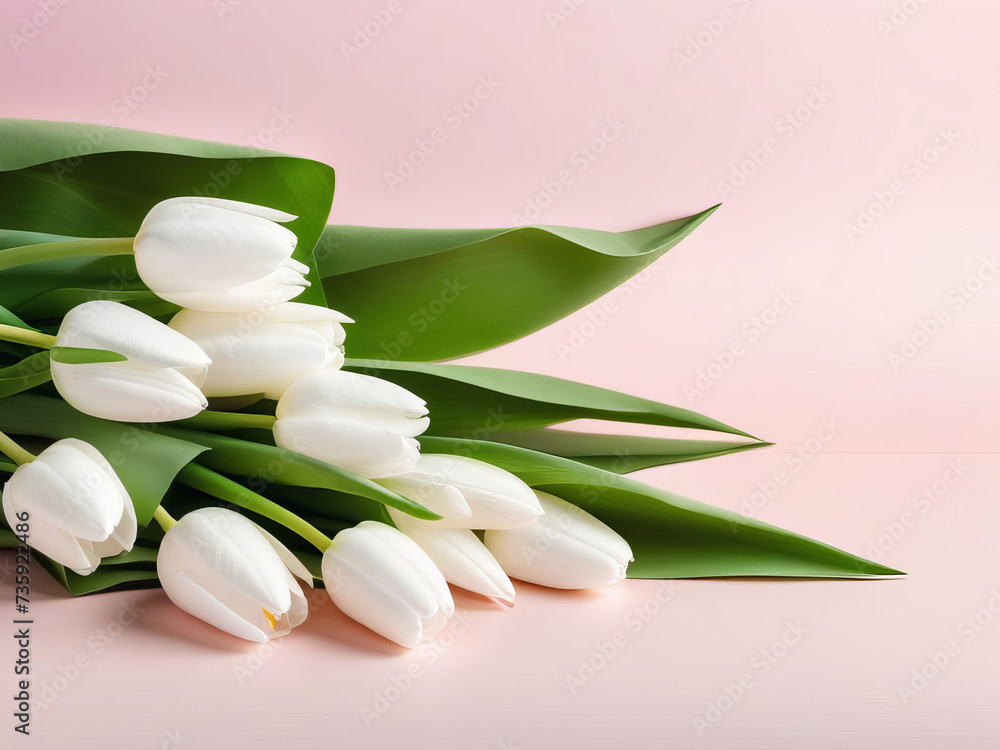 Banner with white tulips wrapped in craft paper on pink pastel background Banner with white tulips wrapped in craft paper on pink pastel background