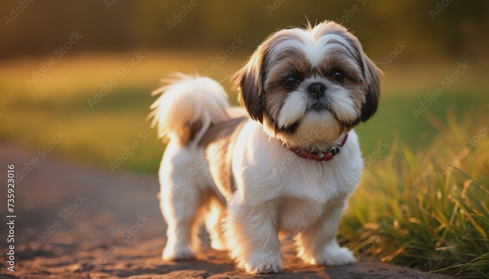 Shih tzu, dog at dawn, purebred dog in nature, happy dog, beautiful dog Shih tzu, dog at dawn, purebred dog in nature, happy dog, beautiful dog
