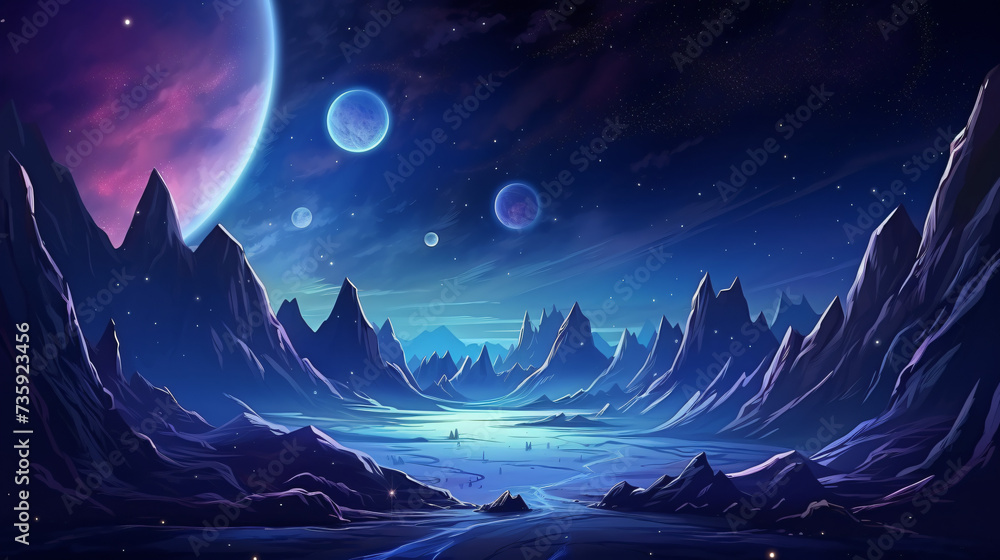 Cosmic background. Alien planet deserted landscape.