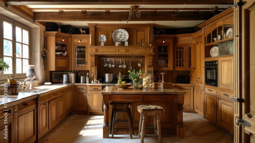 Home interior design idea. French-style kitchen with wooden cabinets.