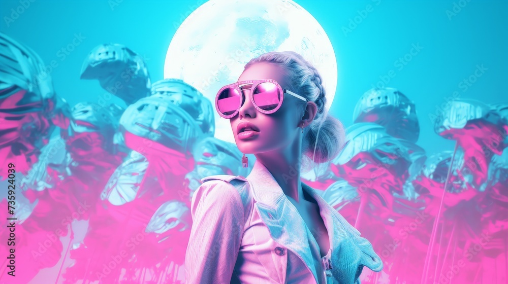 Cyberpunk Style: Fashionable Woman with Pink Glasses and Moon Background Cyberpunk Style: Fashionable Woman with Pink Glasses and Moon Background