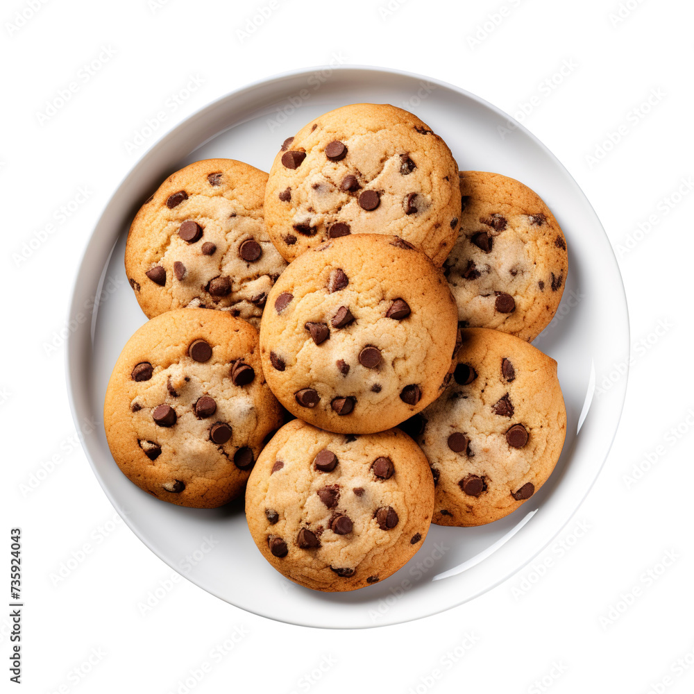 chocolate chip cookies on white plate with transparent background