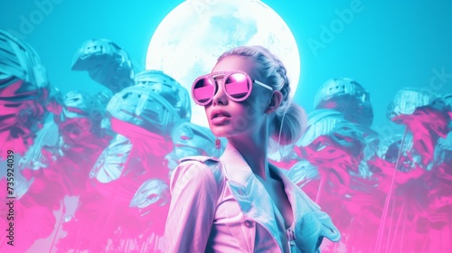 Cyberpunk Style: Fashionable Woman with Pink Glasses and Moon Background