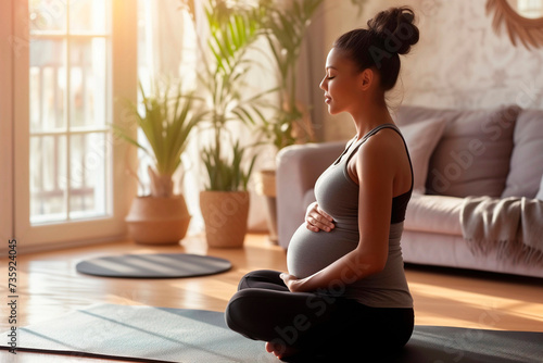 Pregnant woman sitting in lotus position on exercise mat at home photo