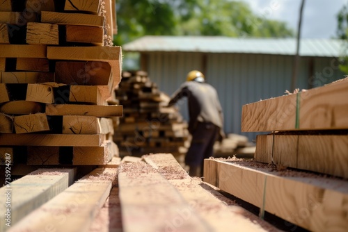 worker stacking freshly sawn lumber piles photo