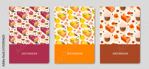 Cover design with sweet pastries pattern set. Lemon, berry pumpkin pie slice templates. Cake, spices