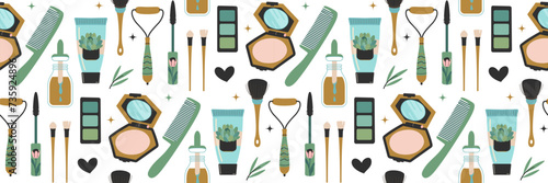 Seamless pattern with cosmetics and body care products. Hand drawn Beauty and makeup icons set.