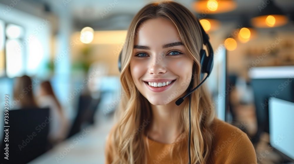 Smiling young business girl team work with headphones talking online. Generative AI. Smiling young business girl team work with headphones talking online. Generative AI.