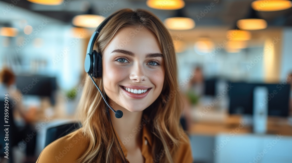 Smiling young business girl team work with headphones talking online. Generative AI. Smiling young business girl team work with headphones talking online. Generative AI.